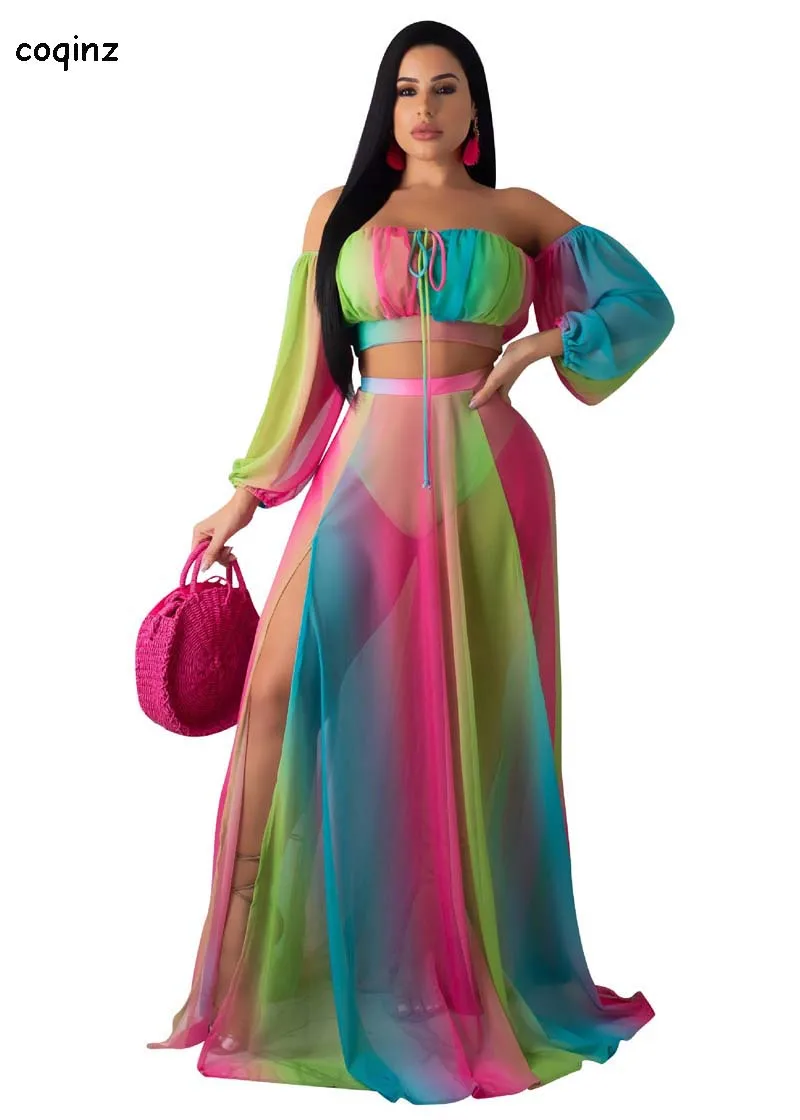 Summer 2020 Plus Size Sexy Two Piece Set Crop Top And Sheer Skirt Matching Sets 2 Mesh Outfits For Women TwotwinstyleCM597 | Женская