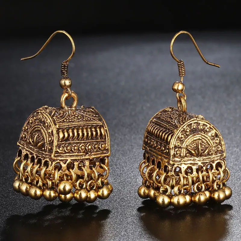 A antique gold Индийские Jhumka серьги «Слоник» цыганские ювелирные изделия в стиле ретро этнические бусины в античном стиле висячие серьги с кисточками для женщин богемный подарок - Окраска металла: A antique gold