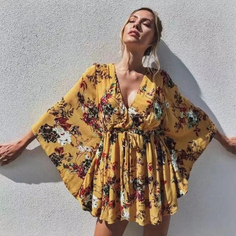 

Sexy Deep V Lace-up Waist Trimming Printing Dress Women Dresses Summer 2021 New Elastic Waist Bat Sleeve Hedging A Line Skirt