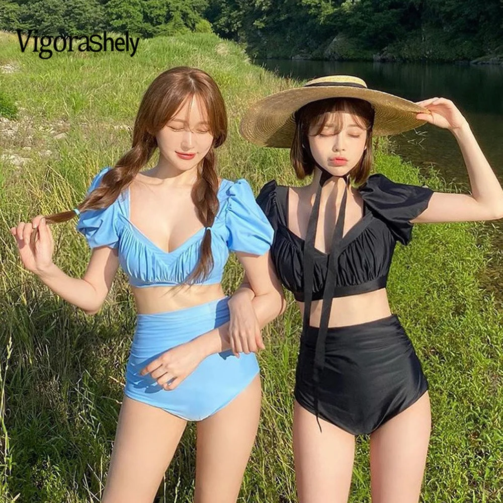 

Vigoкейси 2022 однотонные купальники с короткими рукавами с буфами, женский сексуальный слитный купальник с оборками, монокини с высокой талие...