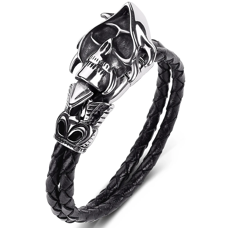 

Fashion Stainless Steel Braided Leather Skull Bracelet Men Punk Hip Hop Skeleton Jewelry Male Bangles Gothic Wristband Gift P535