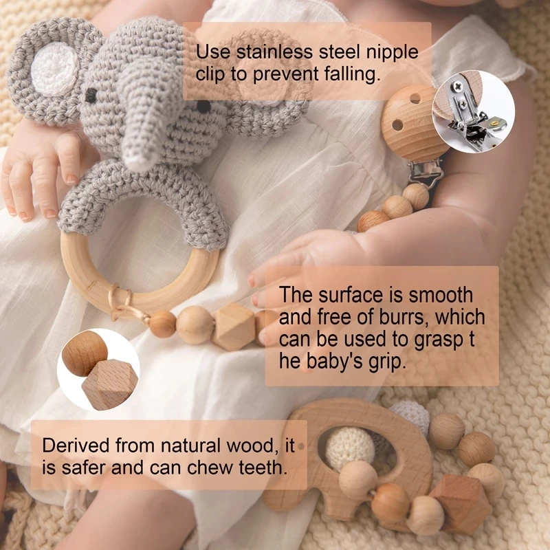 

1set Baby Rattle Wooden Crochet ANIMALS Bells Music Teething Bracelet Pacifier Dummy Clips Gym Play Rodent Baby Products Toy