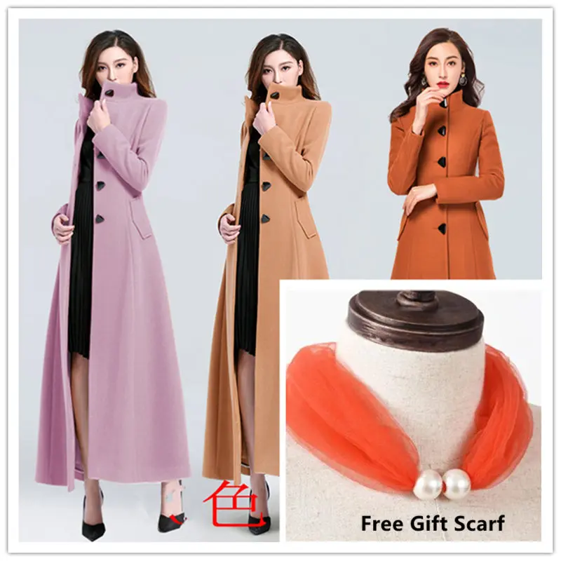 Женское однобортное пальто с воротником мандарина приталенное зимнее большого