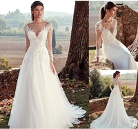 tulle jewel neckline a line wedding dresses with illusion back lace appliques long sleeves bridal dress vestido de noche