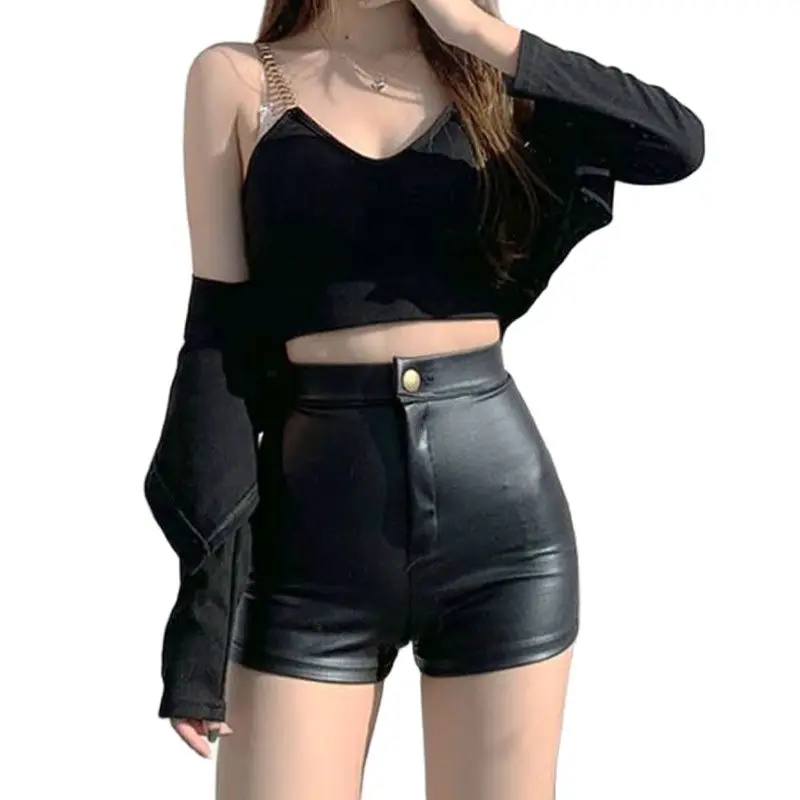 

Женские шорты с завышенной талией, черные облегающие шорты из искусственной кожи, соблазнительные шорты, новинка 2022