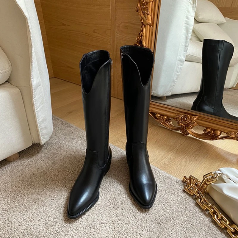Женские сапоги высокие на высокой танкетке женские ковбойские для верховой езды