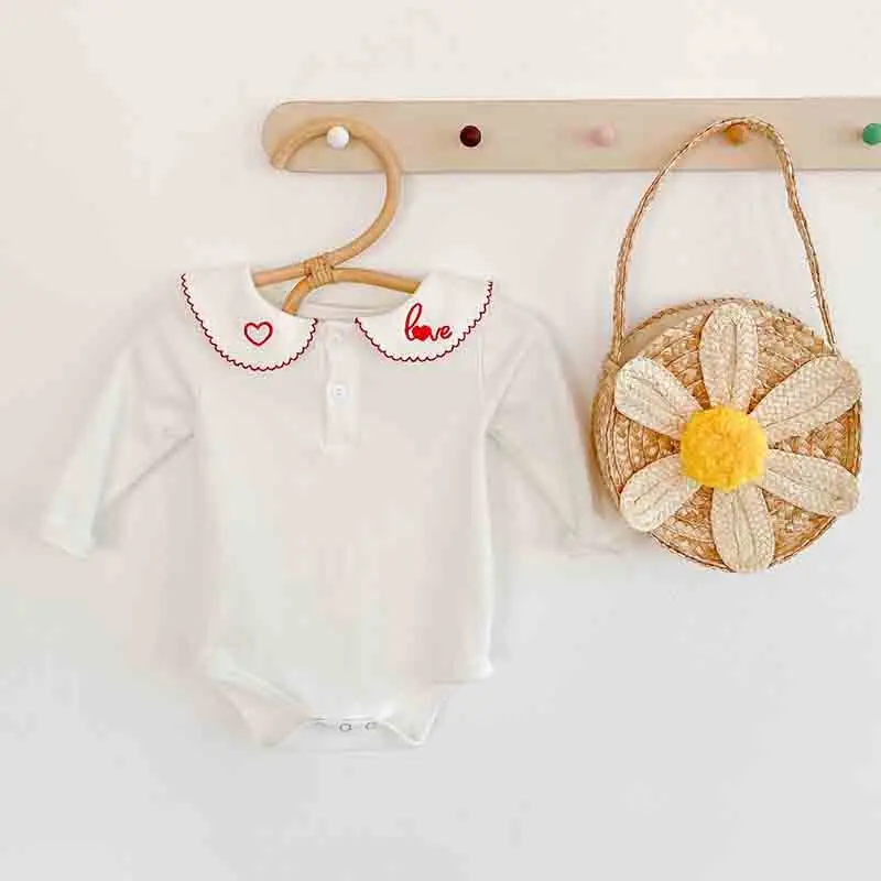 

Боди для новорожденных; Осенний хлопковый трикотажный комбинезон для маленьких девочек с вышитым кукольным воротником; Боди для маленьких ...