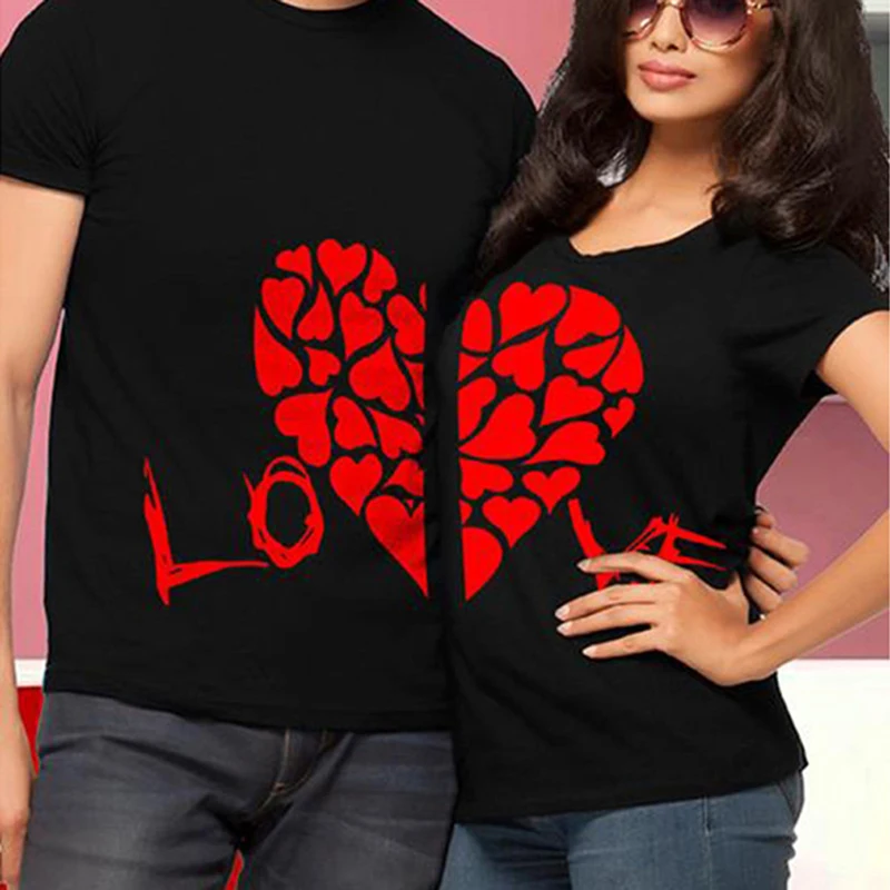 

Love Heart Couples Lovers T-Shirt Summer Casual Cotton Letter Print Black Tshirts Short Sleeve Tees Tops Boyfriend Lady Clothes