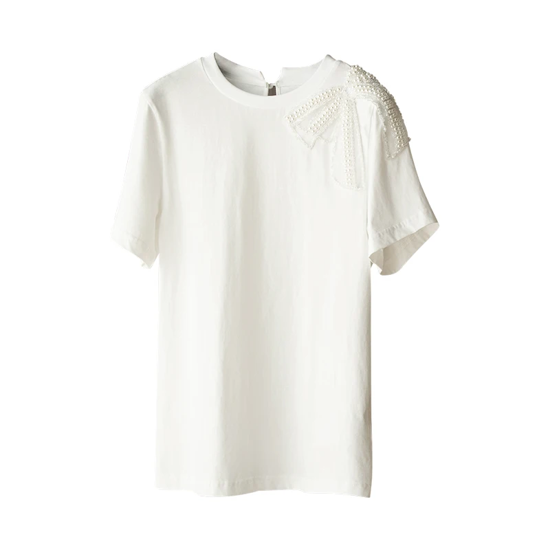 

Summer Cotton Applique Beaded Bowknot Loose Ladies Top T-shirt2021New Women's Short Sleeve Fashion All-match Top Pullover bra XL