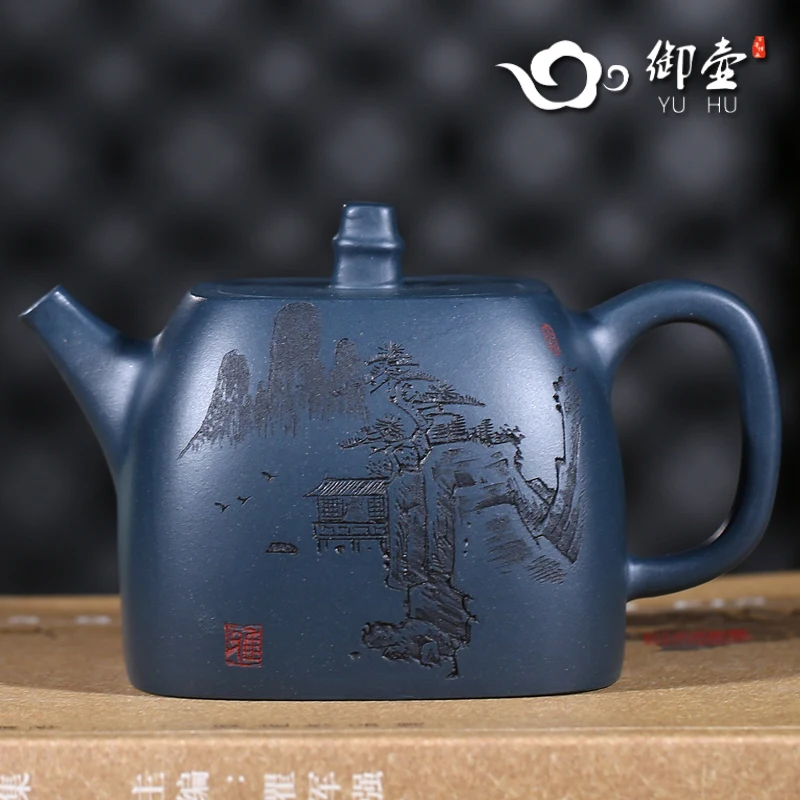 

★Royal pot of yixing recommended all hand Fang Qi teapot pure ore azure mud carved four party han priests tea set