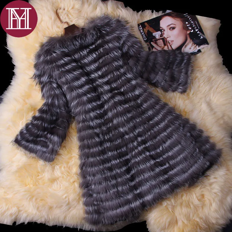 Женское пальто из натурального Меха чернобурки полосатая длинная куртка Лисьего