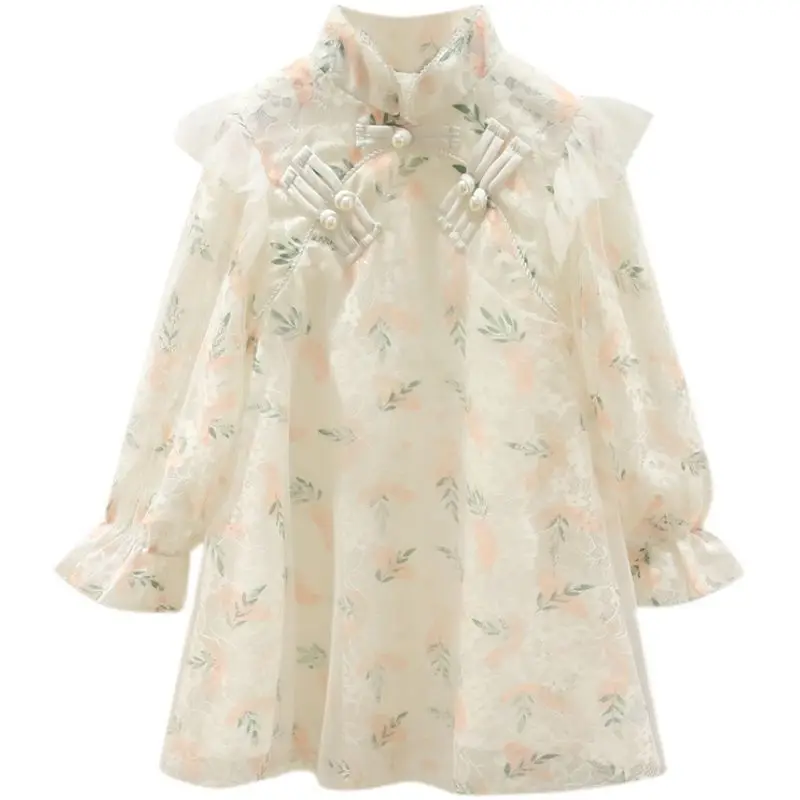

Chinese Style Girls Dress Spring 2021 New Flower Sweet Princess Woman Dresses Full Lace Mesh Hollow Out Floral Children Clothes