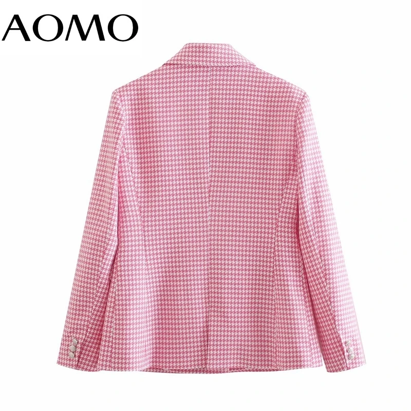 

AOMO Women Pink Plaid Tweed Blazer Coat Vintage Double Breasted Pocket 2021 Fashion Female Casual Chic Tops 4M194A