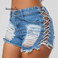 sexy summer women denim shorts 2020 new black blue high waist ripped short jeans tassel lace up bandage hotpants