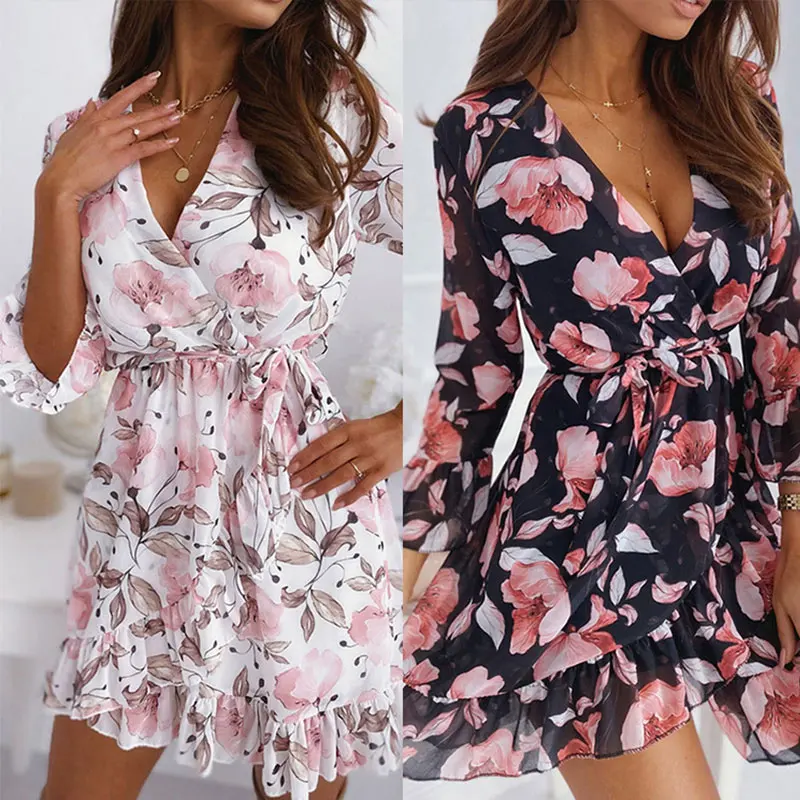 

Women's Chiffon Floral Print Mini Dress Casual Ruffle V-neck Butterfly Sleeve Slim For Sashes Dresses Summer 2021 Sweet Clothing