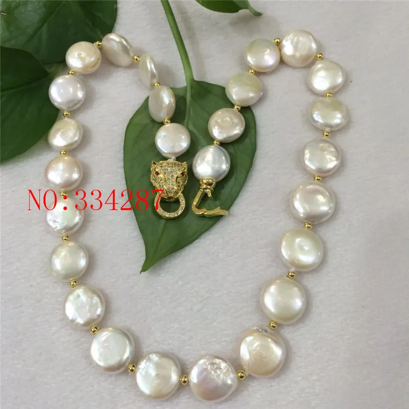 

NEW HUGE NATURAL 12-13MM AA freshwater pearl button shape white pearl necklace 18inches Leopard clasp