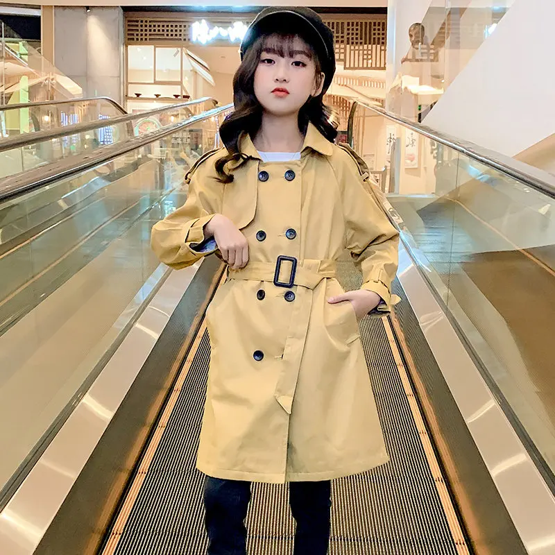

New Arrivals Teen Girls Trench Coat with Sashes Classical Long Khaki Jackets Children's Double-Breasted England Style Outerwear
