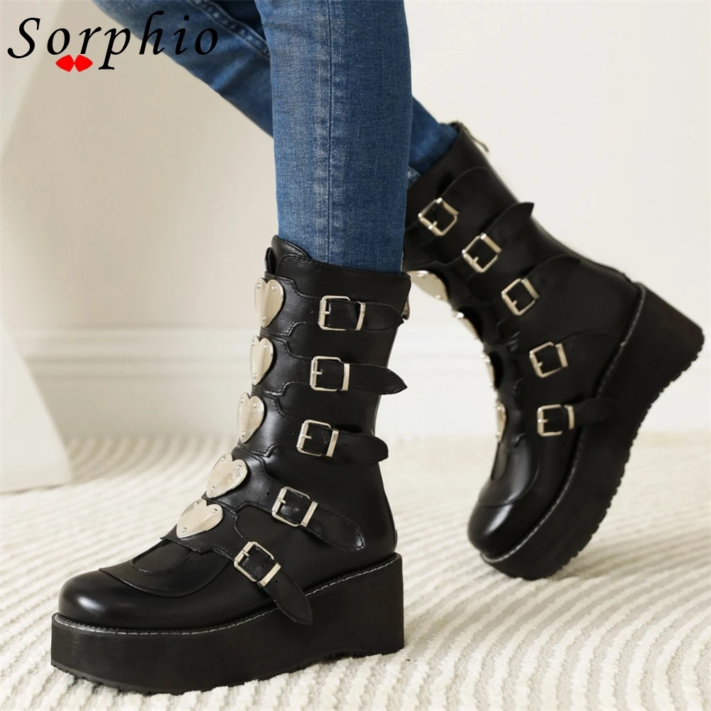 

Female Boots Motorcycle Boots For Women Autumn 2021 Brand New Matal Buckle Strap Brand New Goth Fashion Platform Wedges Shoes