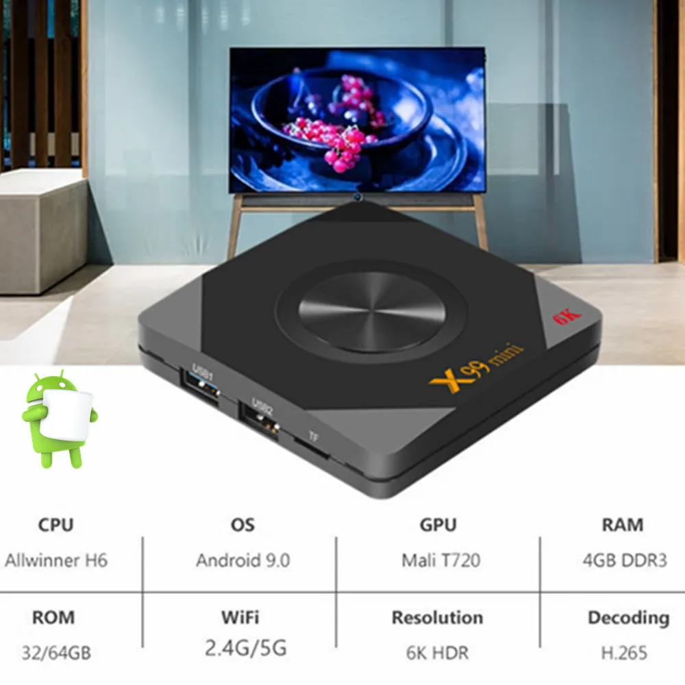 Android TV Box Android 9.0 4G 32GB 64GB Allwinner H6 Quad Core 6K Set Top Box 3D Video Smart TVBOX WiFi 2.4G&5G Media Player