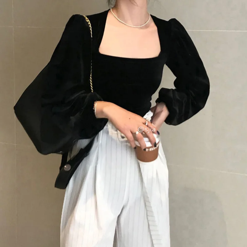 

Shirts Women Solid Puff Sleeve Stylish Blouses Vintage Retro Simple Chic Velour Slim Womens Basic Long Sleeves Popular New Soft