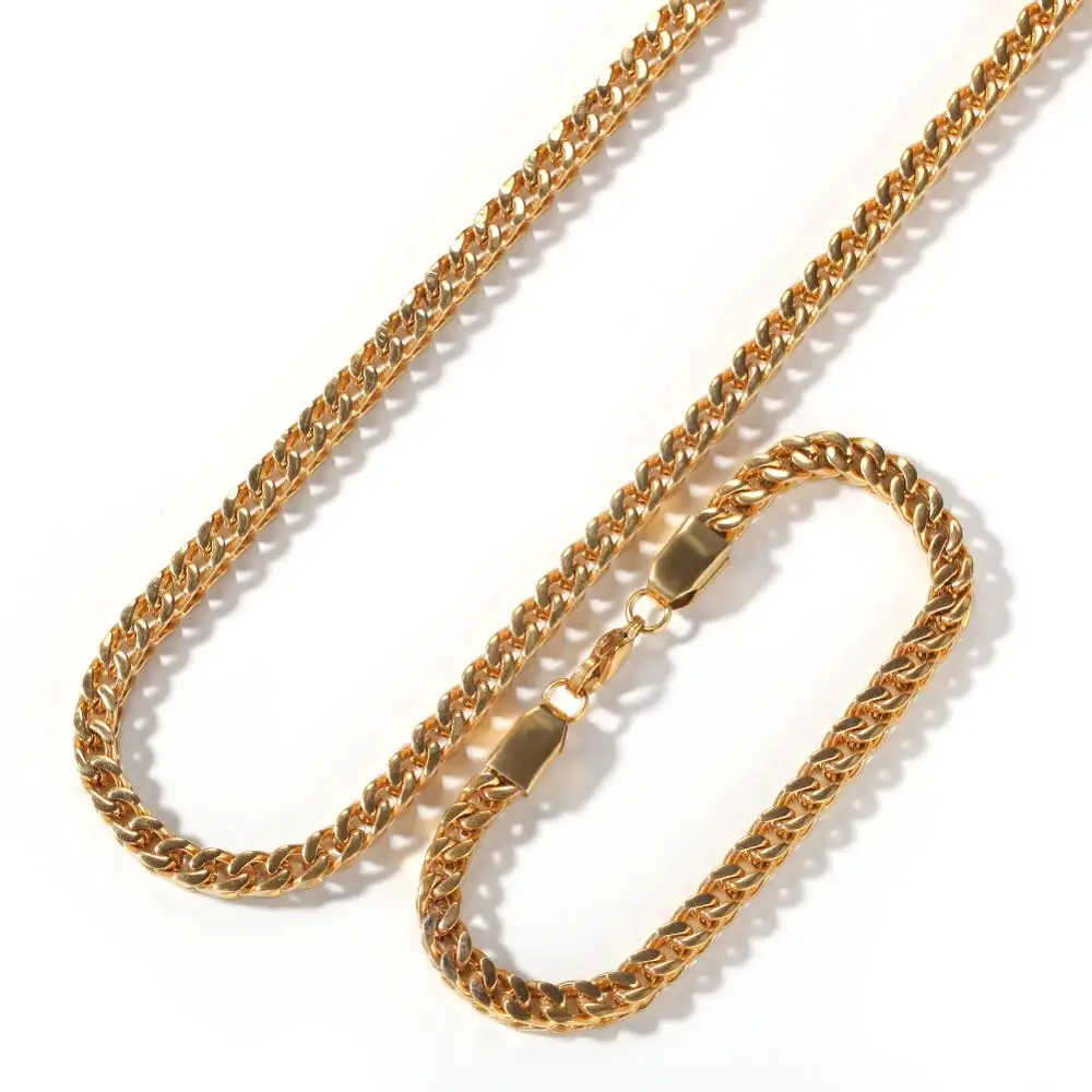 New Arrival 6mm width Men Necklace Gold Color Stainless Steel Cuban Link Chain Miami Bracelet Jewelry Set | Украшения и