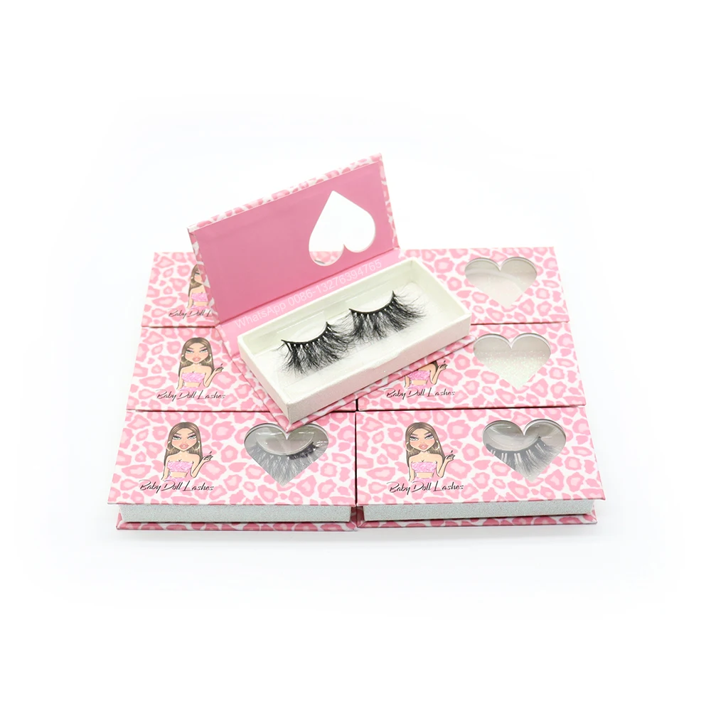 

Sweet Baby Pink Eyelash Box With Heart Window Wholesale 5D Mink Lashes for Makeup Custom Lashbox Packaging With Logo