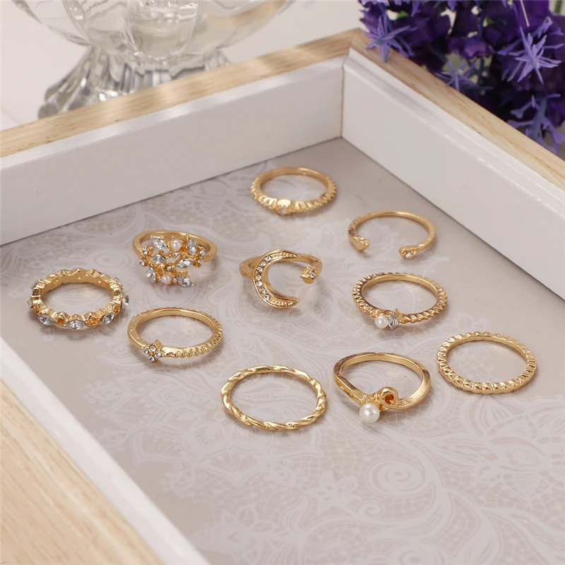 

Vintage Women 10 PCS/Set Stars Diamonds Moon Pearls Bohemia Knuckle Rings Set For Girls Fashion Jewelry Gift