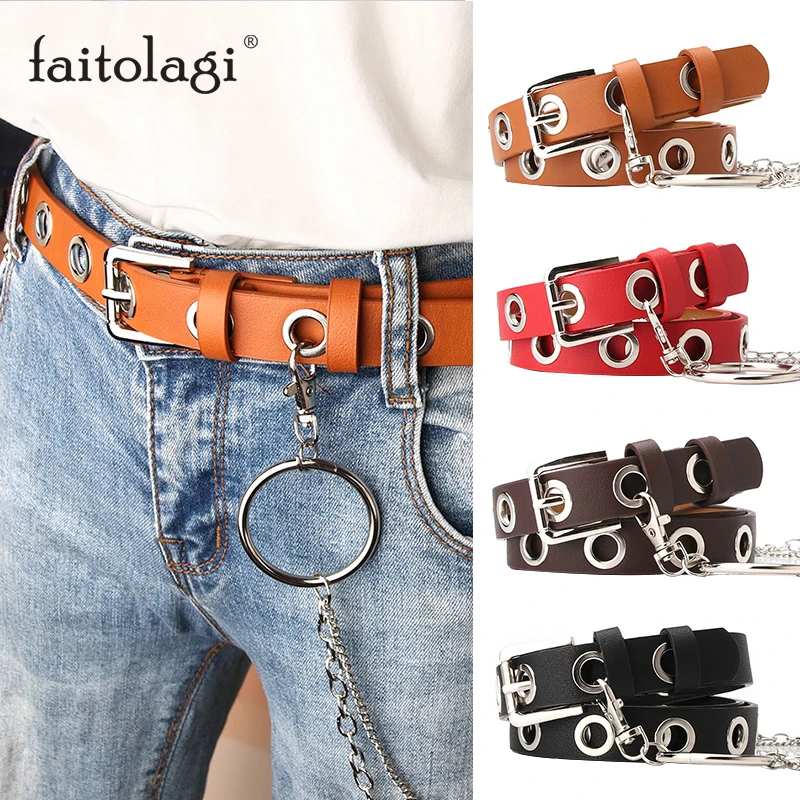 Ремень в стиле панк женский роскошный модный ажурный кожаный пояс с цепочкой