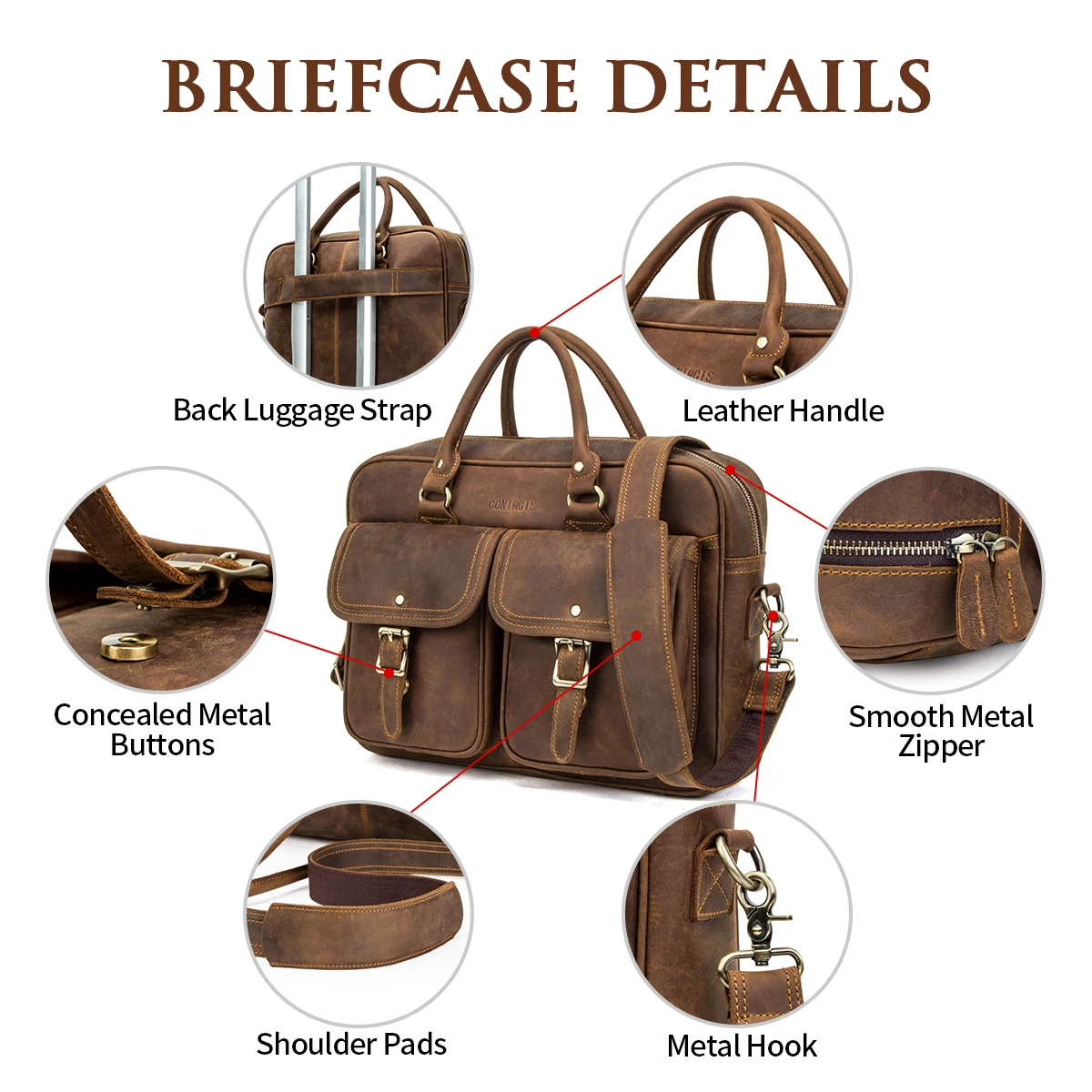 Contacts Men's Briefcases Crazy Horse Leather Shoulder Messenger Bag Male Portfolio 13