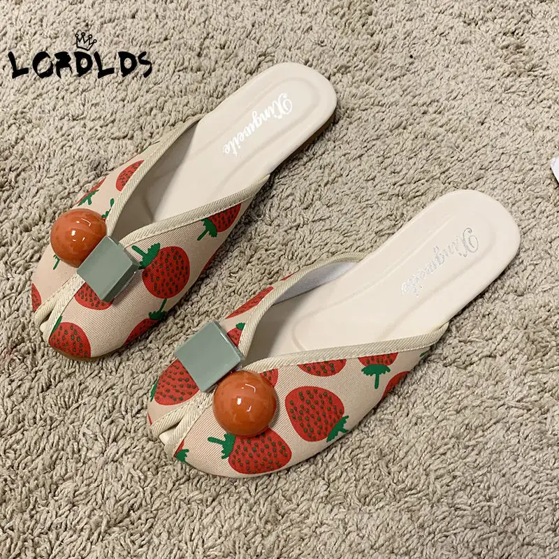 

LORDLDS/милые женские тапочки Kawaii; Летние корейские модные домашние тапочки с принтом клубники; Женская обувь на плоской подошве для улицы