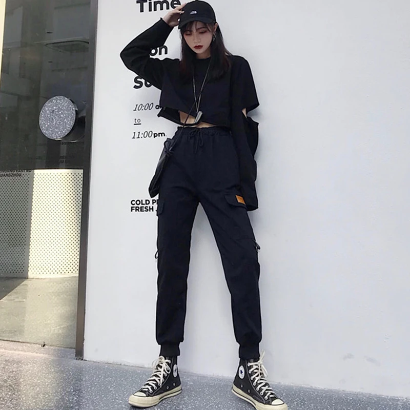 Популярные свободные уличные штаны с высокой талией брюки в стиле хип хоп