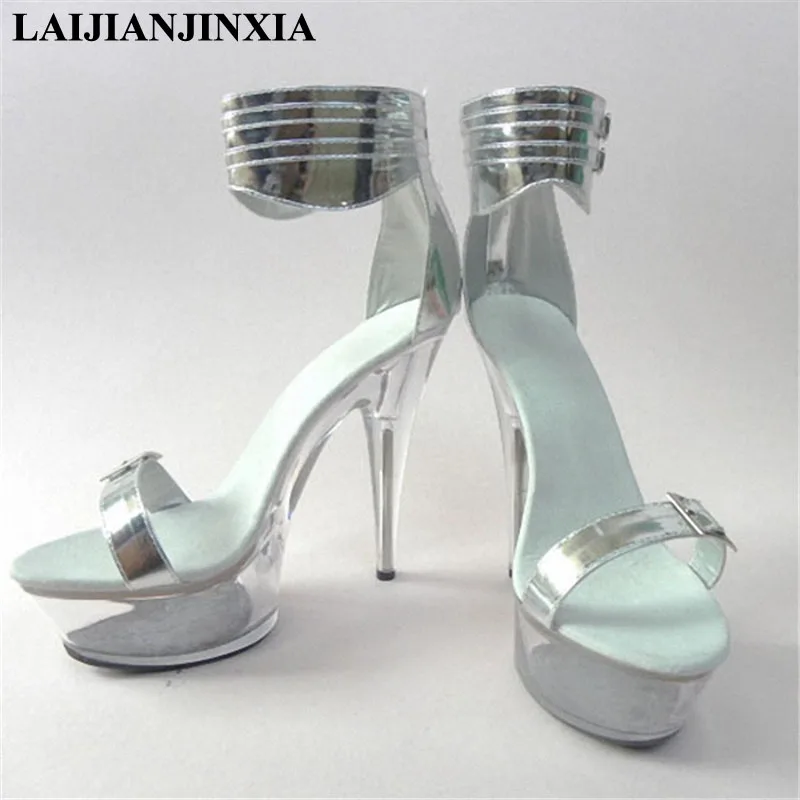 

New 15 heels tall, transparent waterproof platform, silver vamp sexy banquet princess sandals, dancing shoes