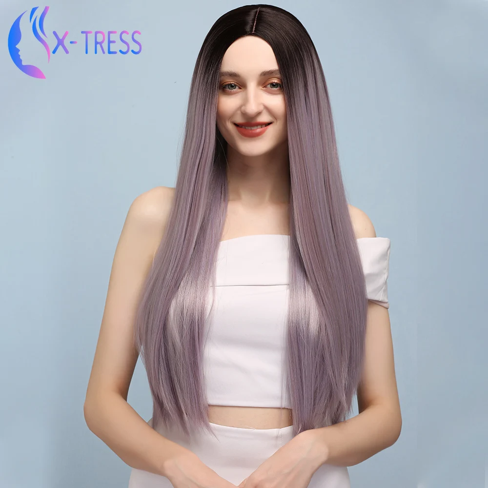 Фиолетовый Длинные прямые синтетические парики с эффектом деграде (переход от