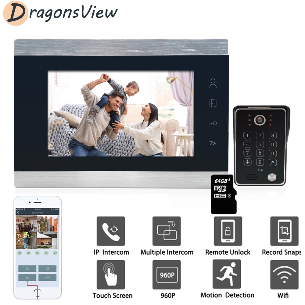 Dragonsview 7 Inch Wifi Intercom 960P Draadloze Video Deurtelefoon Deurbel Bewegingsdetectie Voor Home Security Unlock Mobiele App rfid