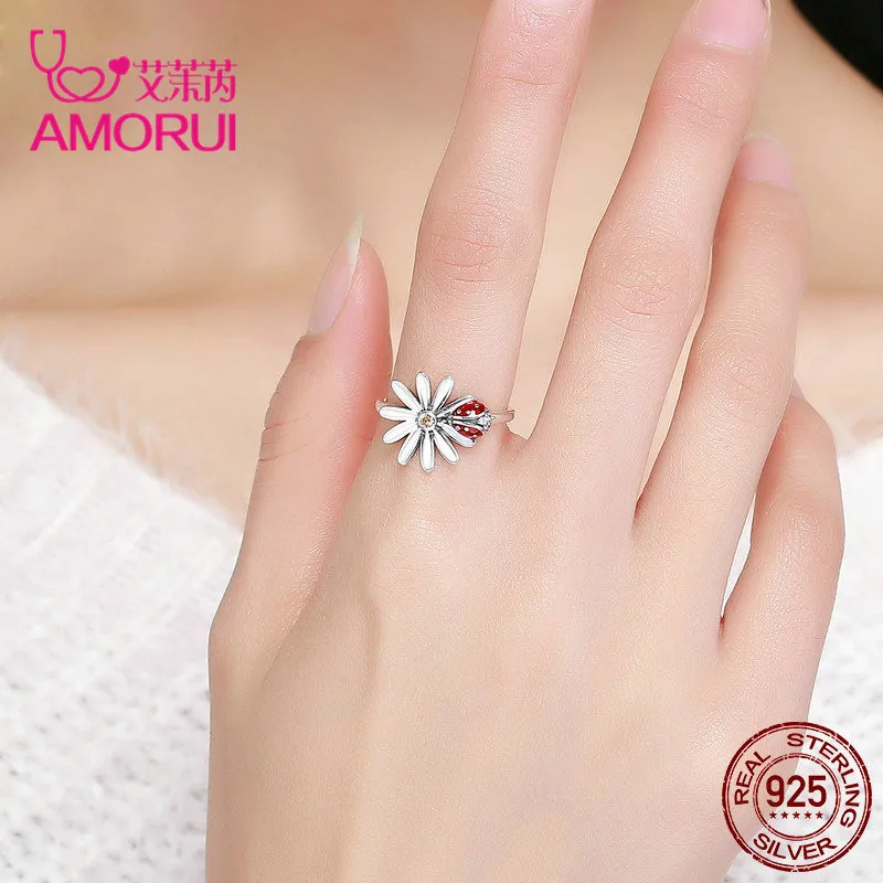 AMORUI AAA CZ камень 925 пробы Серебряный цветок и Божья коровка Страна Чудес палец