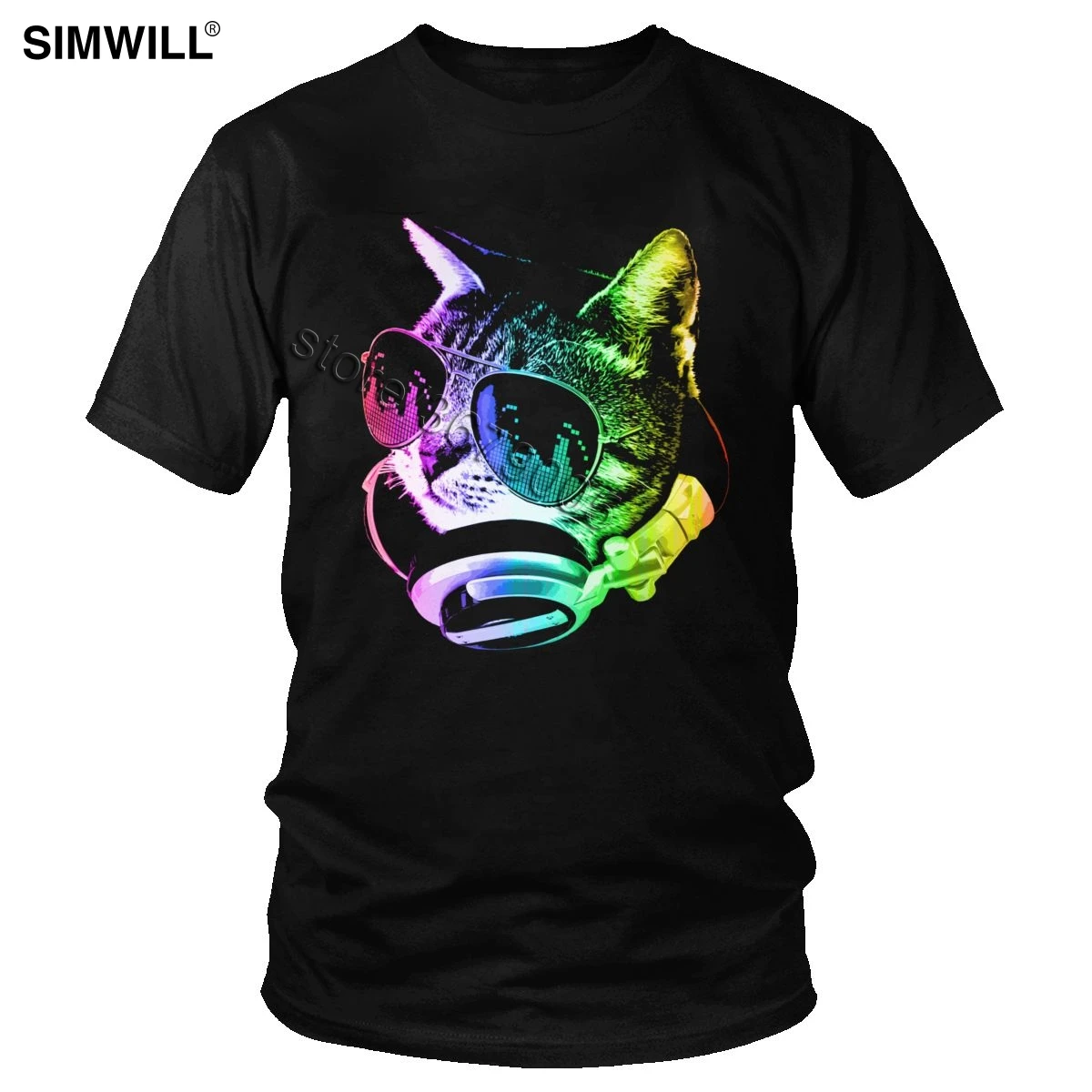 

Funny Rainbow Music Cat Tee Men's Cotton Neon DJ House Pet Lover T-Shirt Short Sleeve O Neck Tops Awesome Slim Fit T Shirt