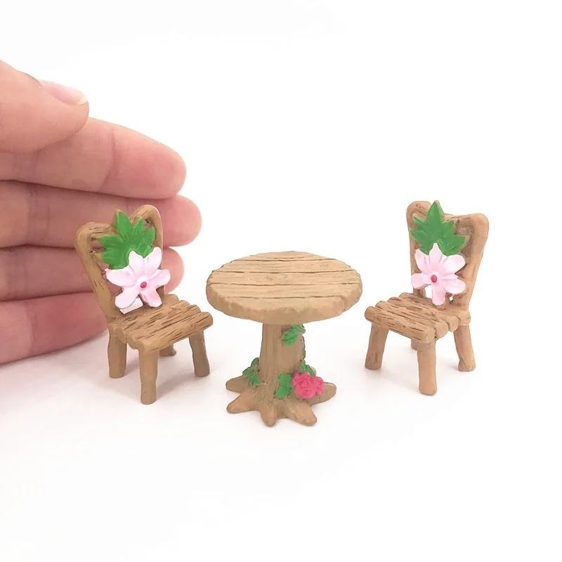 

3Pcs/Set Floral Wooden Table Chairs Miniature Landscape Ornaments Fairy Garden Decorations Dollhouse Accessories