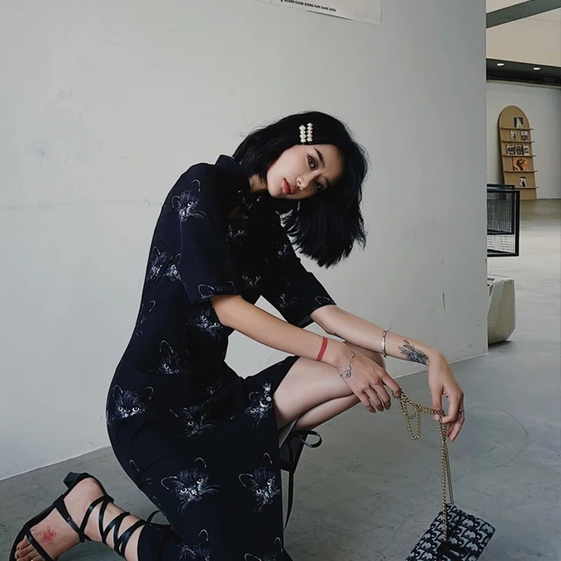 Азиатская уличная одежда в японском стиле длинное платье миди Чонсам восточное