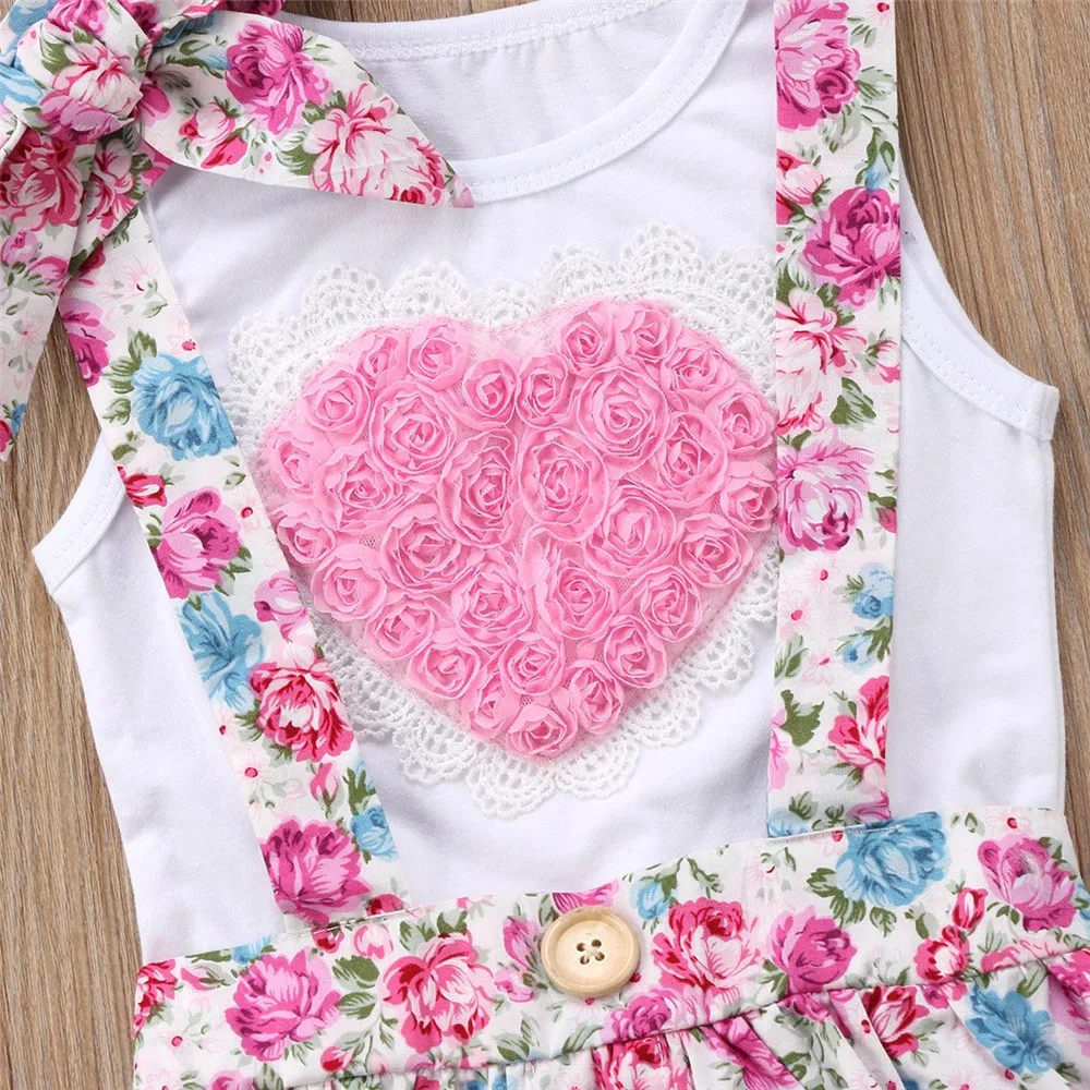 

Fashion Summer Flora Baby Girls Dress Ribbon+ Heart-designed Shorts+Flower Printed Princess Dress Kid Clothes Set