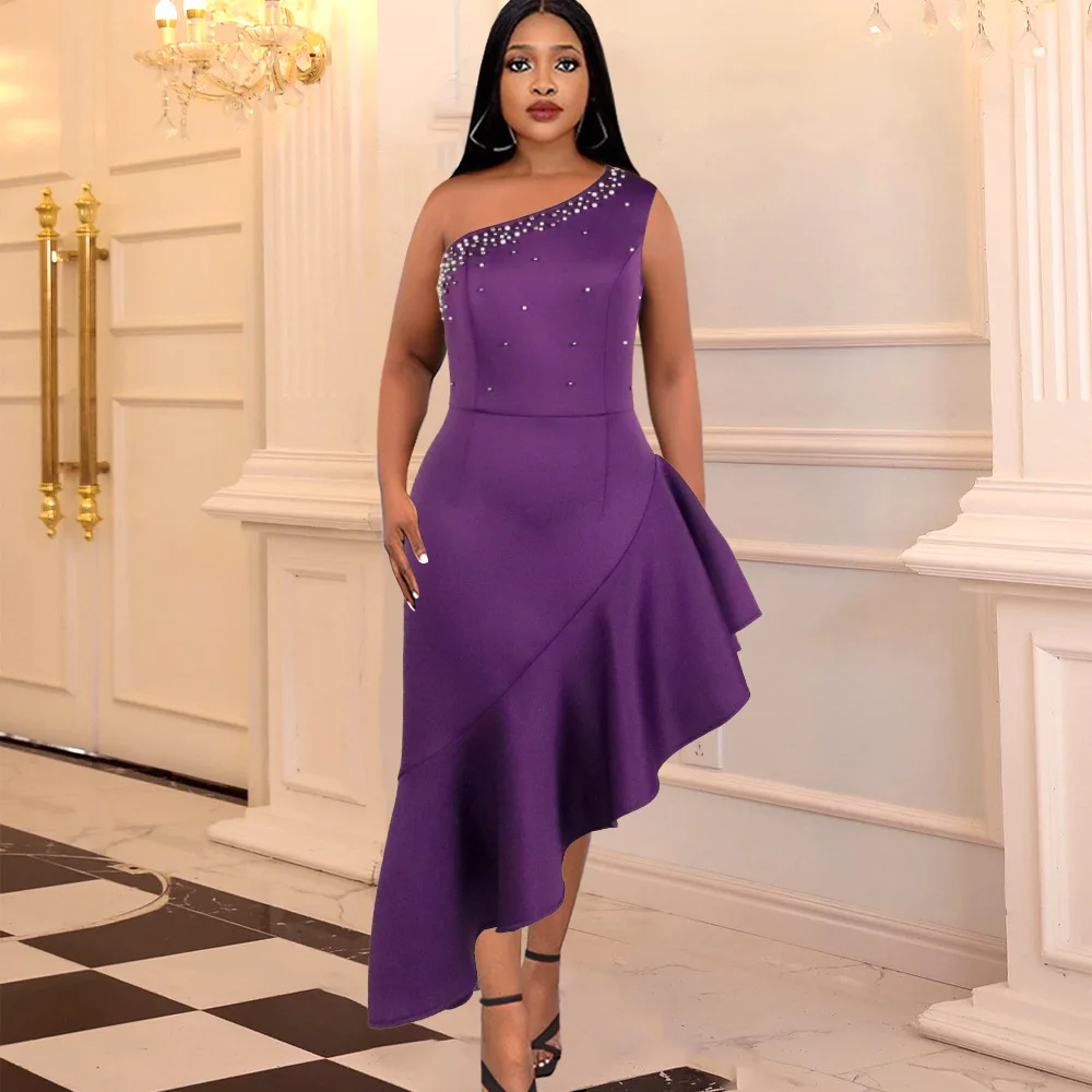 

Elegant Evening Dresses For Women One Shoulder Bodycon Dress New Fashion Party Ruffles Dresses Plus Size Robe Africaine Femme