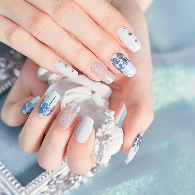 

20 Tips/Pc Light Blue Ocean Style Fashion Nail Stickers Manicure Laser Blue Cellophane 3D Design Silver Gray Adhesive Nail Art
