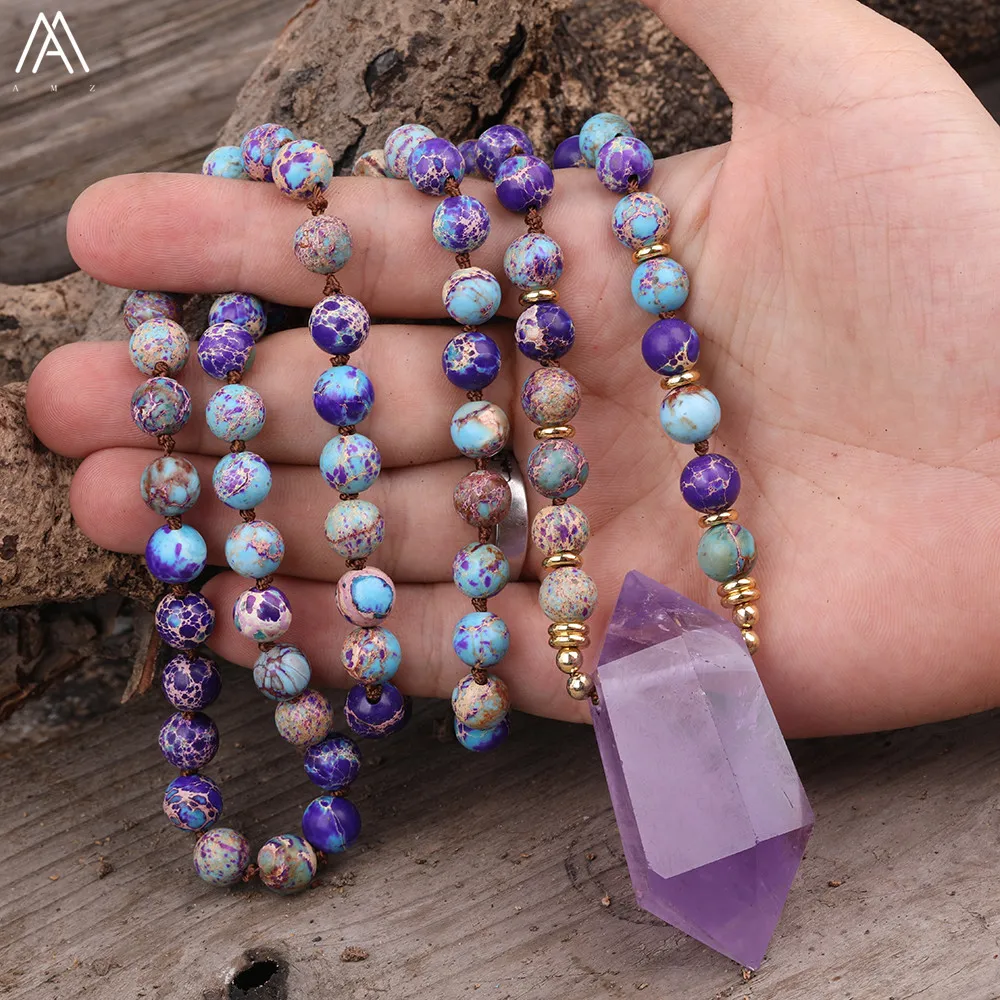 

Natural Amethysts Quartz Double Point Pendant 8mm Sea Sediment Jaspers Beads Knotted Handmade Necklace Yoga Jewelry 32 Inch Long