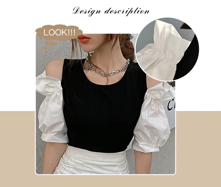 

New 2021 T-shirt Women Color Block Off-shoulder O-neck Slim Waist Stretchy Casual Tops Tees Puff Sleeve Summer T17104A
