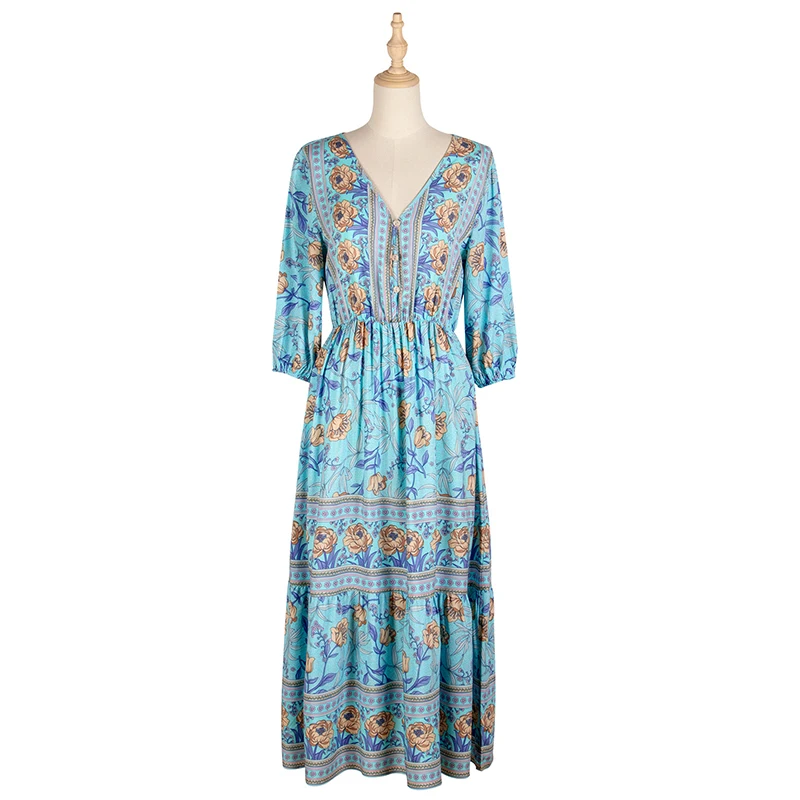 

Boho Style Women's Long Dress V Neck Buttons Three Quarter Sleeve Ladies Spring Summer Casual Dresses Print High Waist Dress