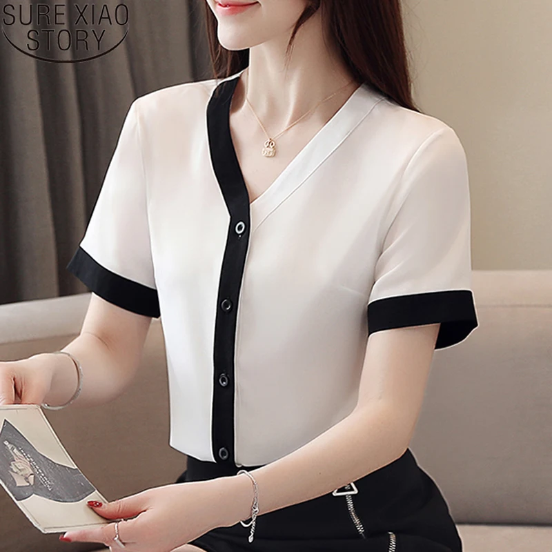 

Korean Fashion Clothing Summer V Neck Women Tops Casual Short Sleeve Solid Shirt for Women White Chiffon Cardigan Blouse 9567