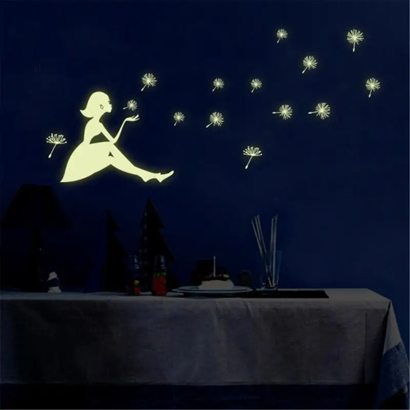 

Glow In The Dark Wall Sticker Luminous Fluorescent Wall Stickers Blow The Dandelion Butterfly Girl Home Background Posters Stick