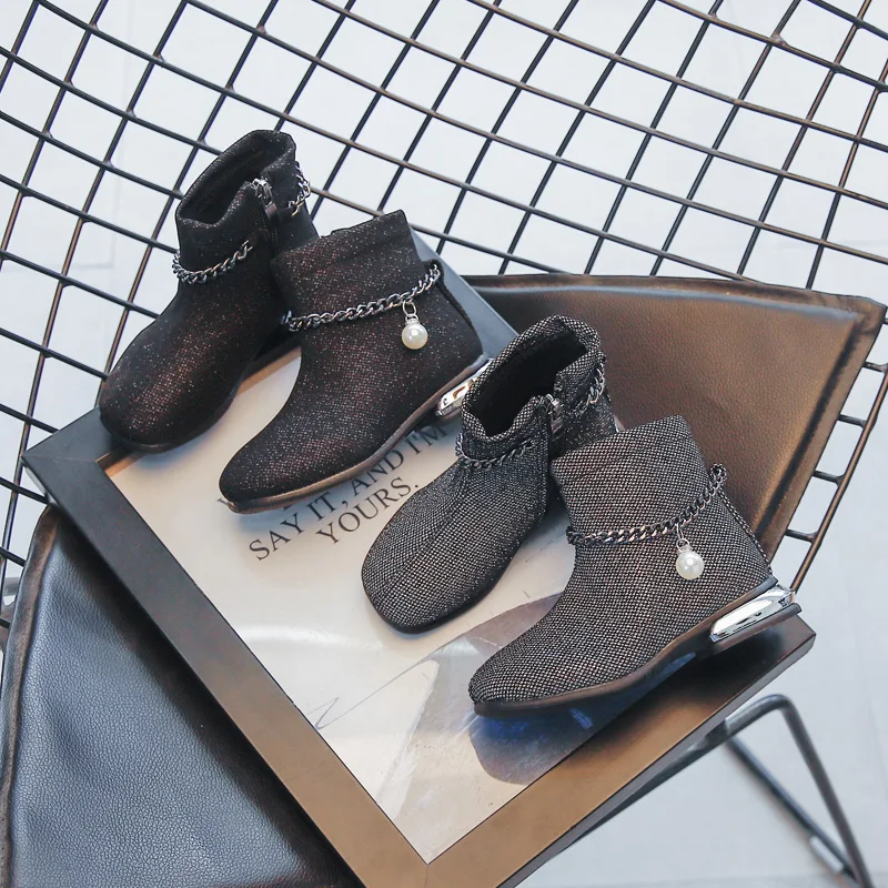 

Зима 2021, новинка, Детские хлопковые ботинки, теплые ботинки принцессы на молнии, для девочек, с бархатом, Модные металлические ботинки