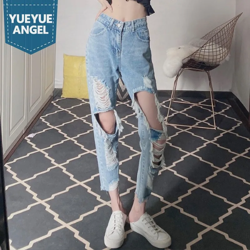 

New Fashion Women Baggy Hole Ripped Jeans High Waist Ankle Length Denim Pants Straight Trousers Hip Hop Tassels Pants Streetwear