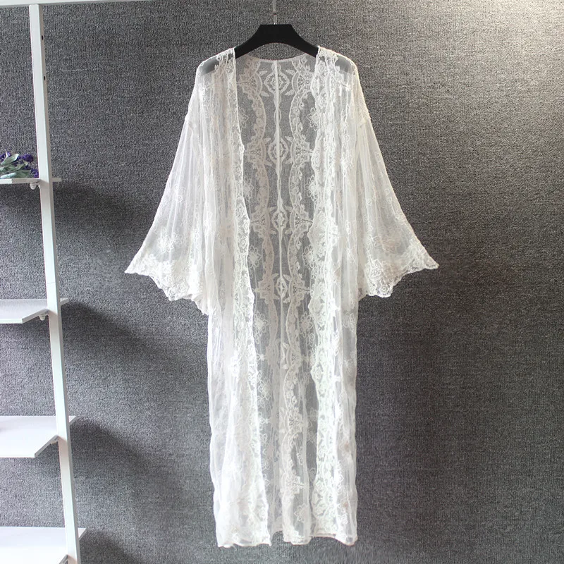 Женский пляжный кардиган с длинным рукавом Зеленые Изумрудные кружевные кимоно