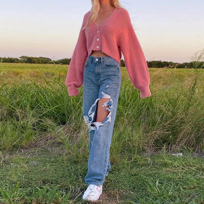 

YILINHAN 2021 Ripped Hole Jeans Pants for Women Casual High Waist Baggy Denim Pants Female Streetwear Fashion Straight Jeans